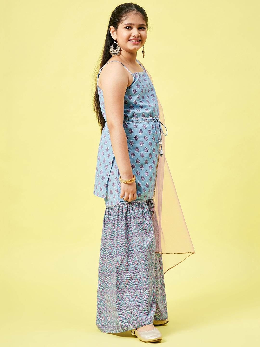 Girls Above Knee Printed Kurti Set - Blue