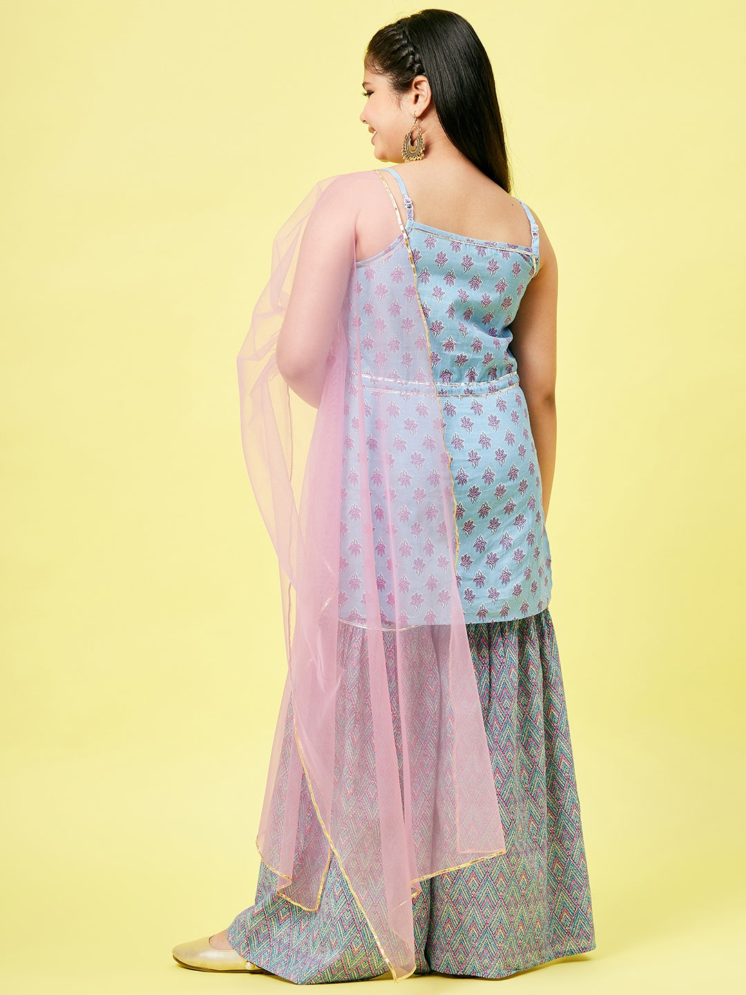 Girls Above Knee Printed Kurti Set - Blue