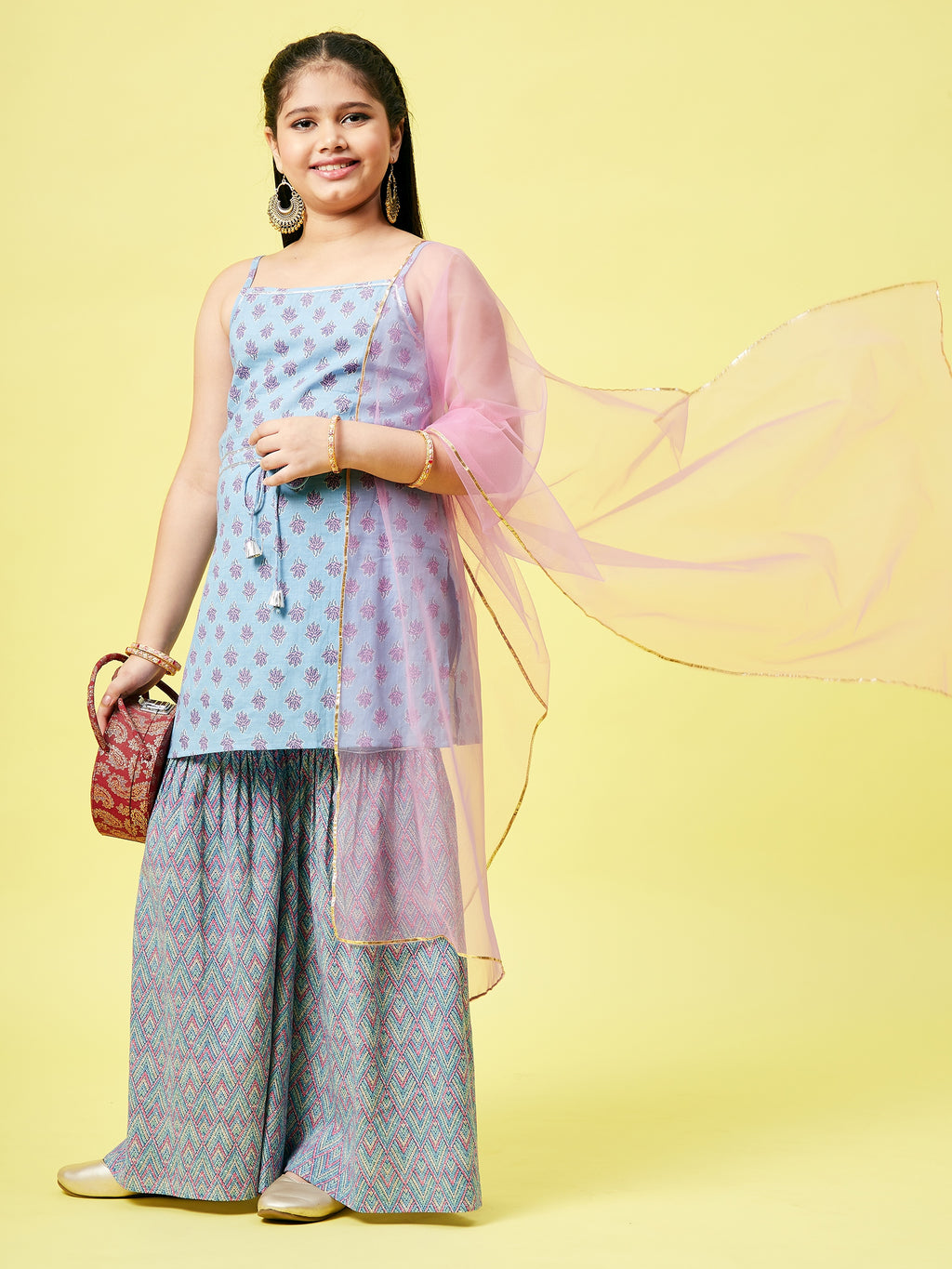 Girls Above Knee Printed Kurti Set - Blue