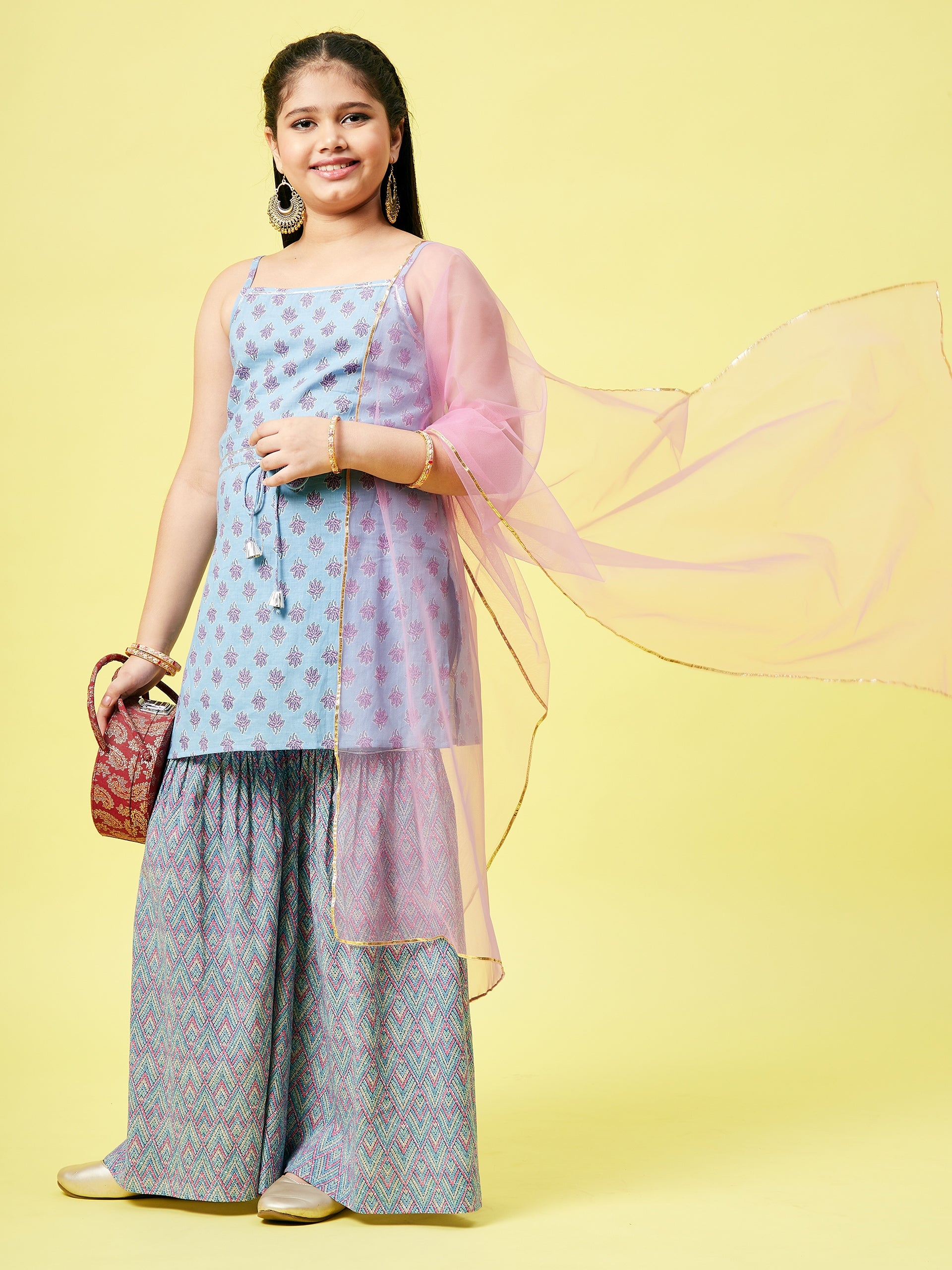 Girls Above Knee Printed Kurti Set - Blue