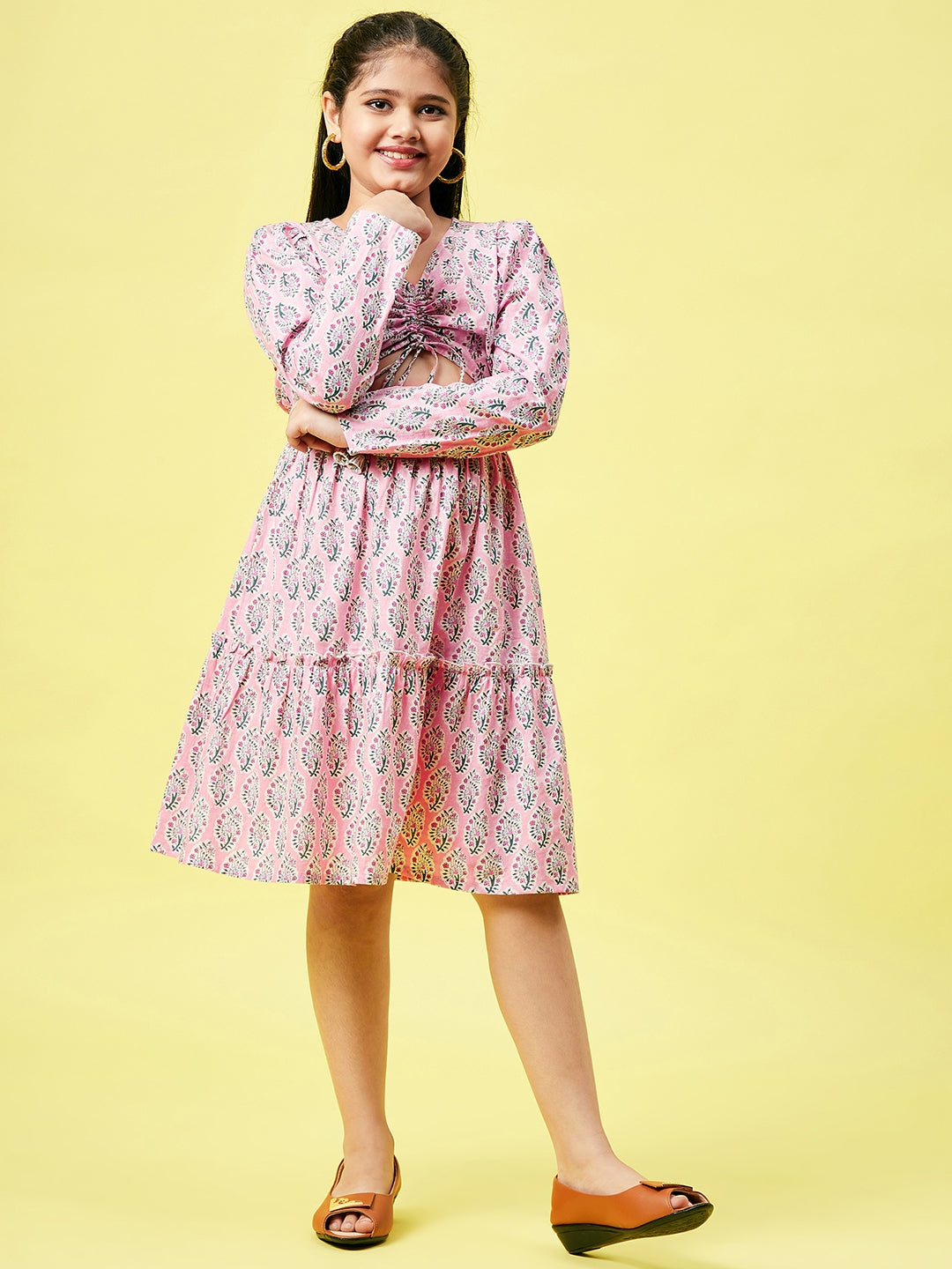 Girls Knee Length Printed Dress - Pink