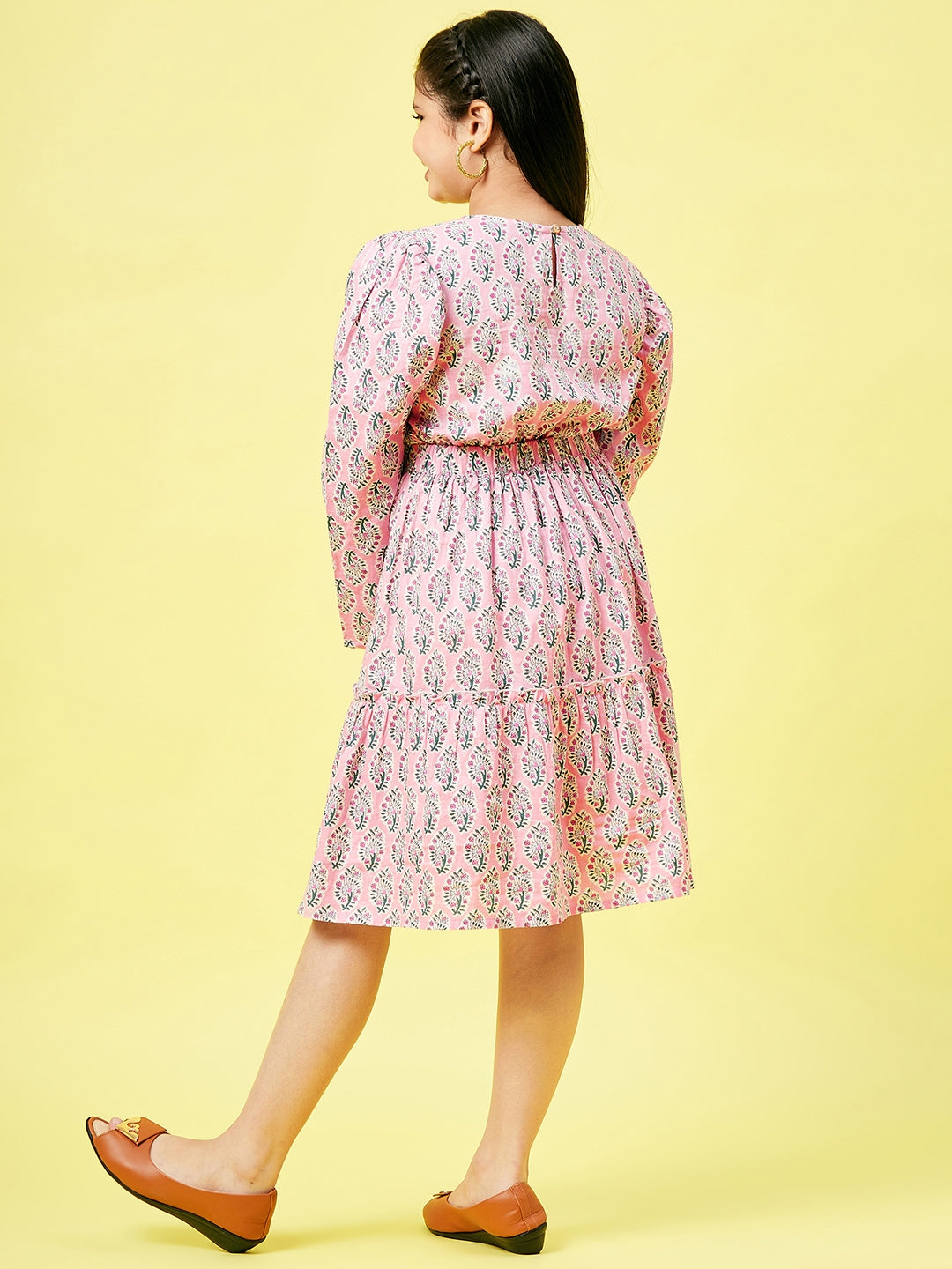 Girls Knee Length Printed Dress - Pink