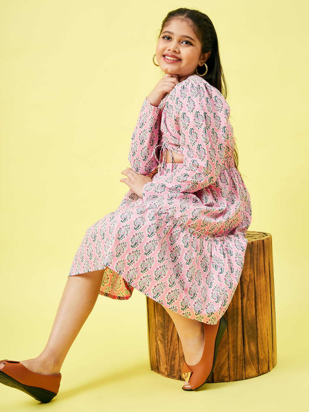 Girls Knee Length Printed Dress - Pink