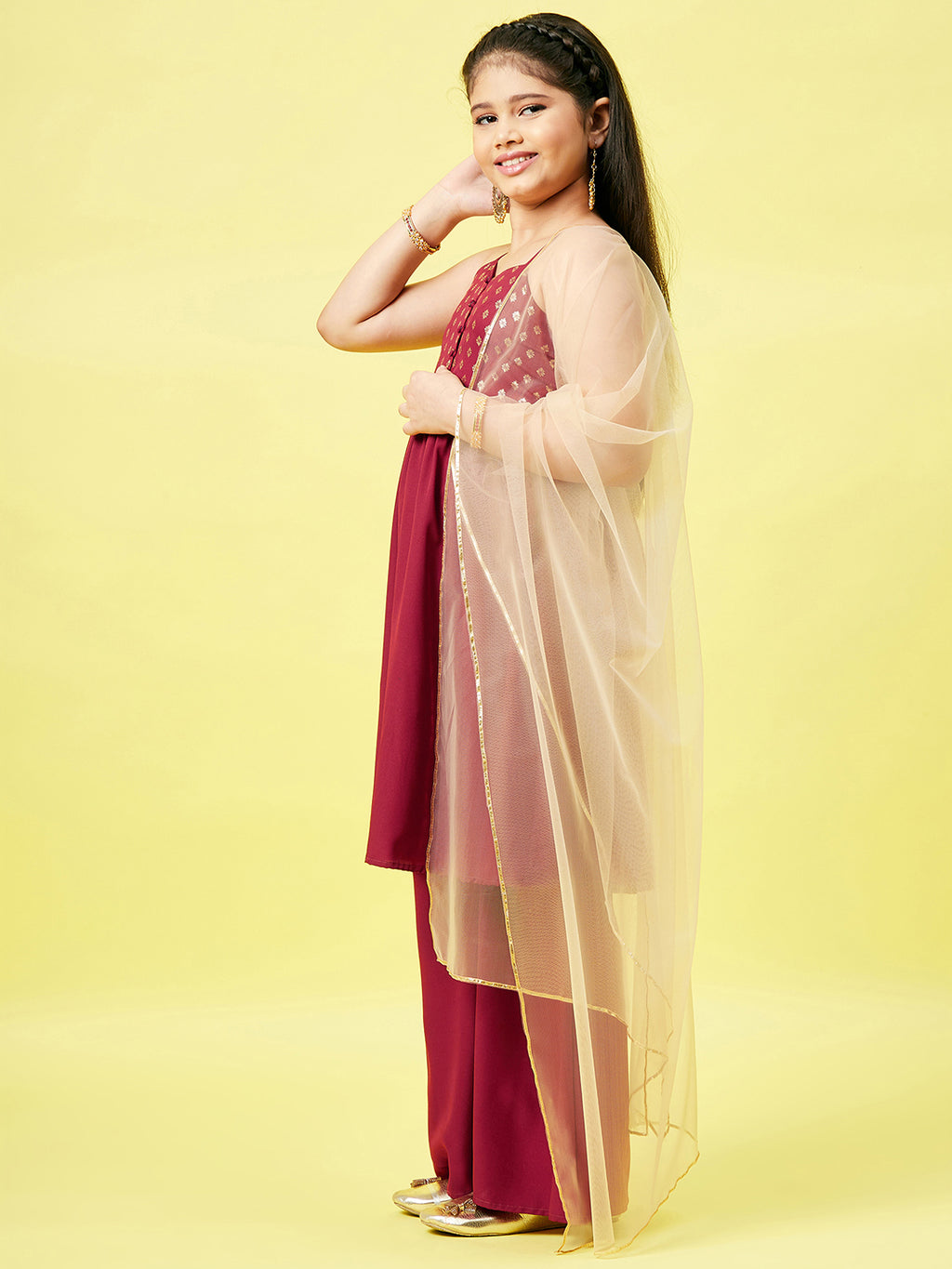 Girls Ankle Length Printed Kurti Set - Maroon