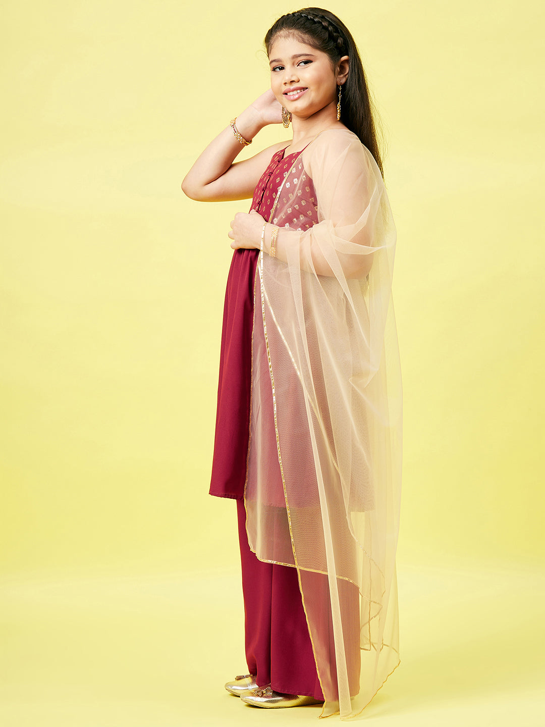 Girls Ankle Length Printed Kurti Set - Maroon