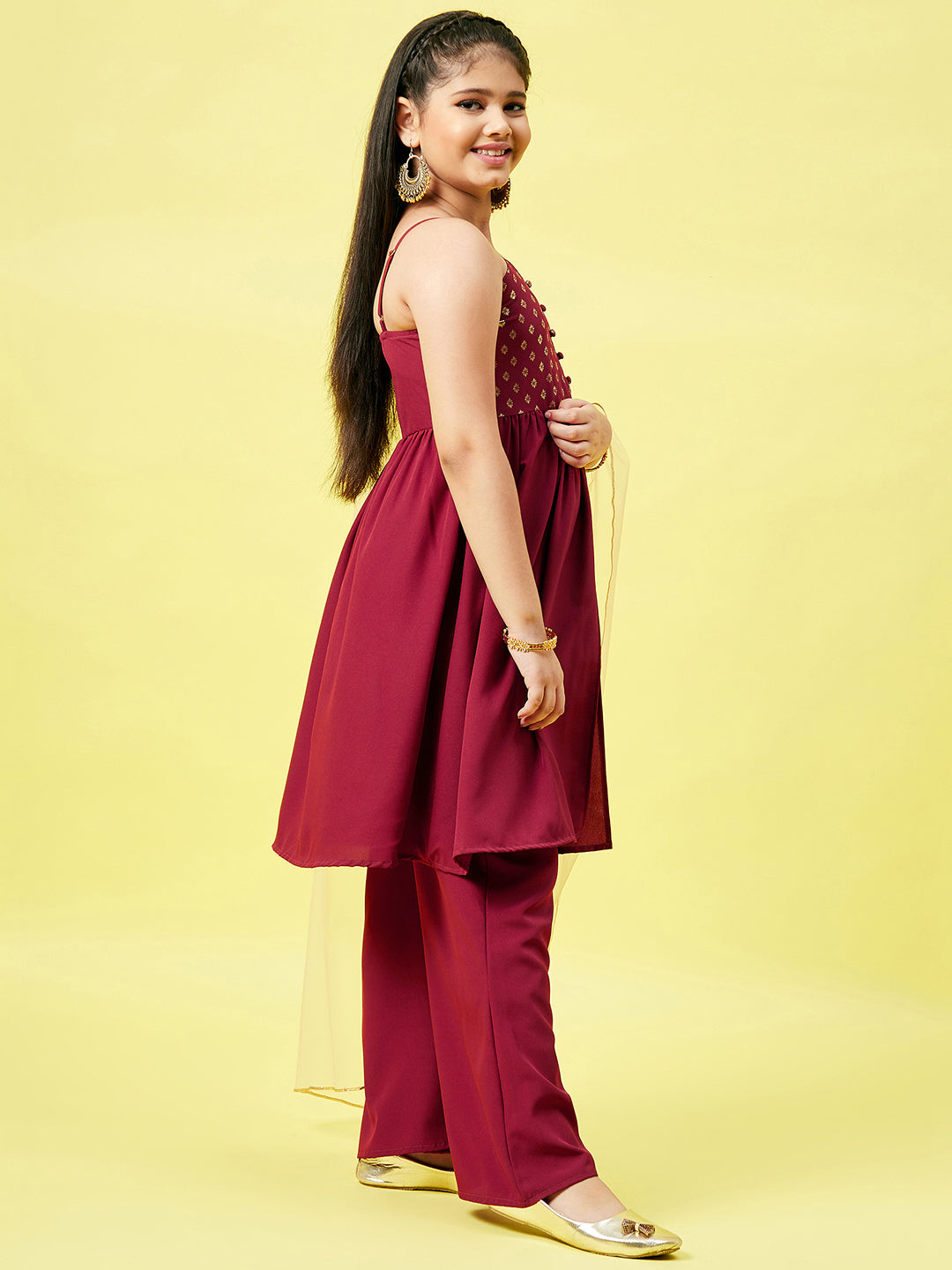 Girls Ankle Length Printed Kurti Set - Maroon