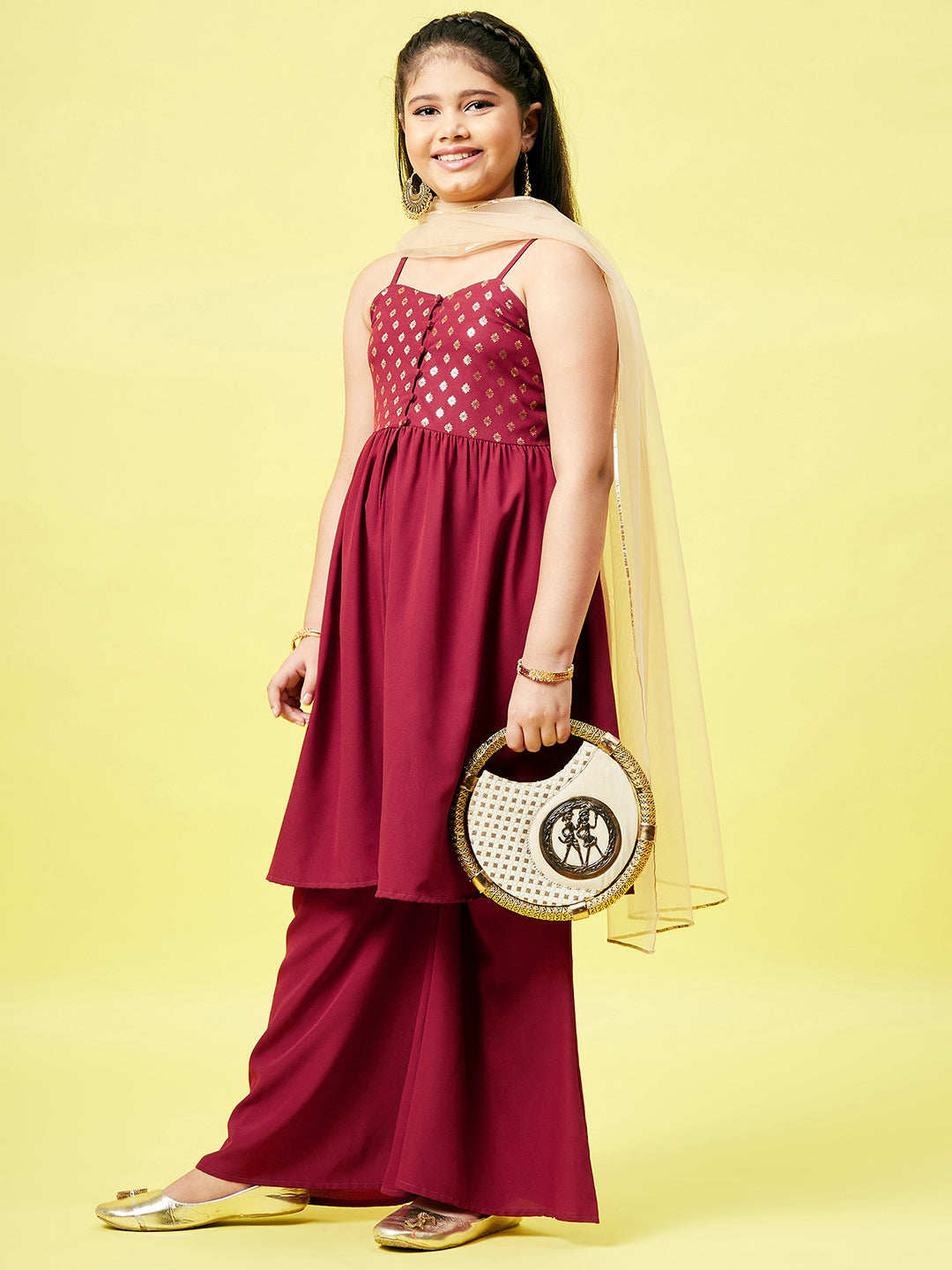 Girls Ankle Length Printed Kurti Set - Maroon