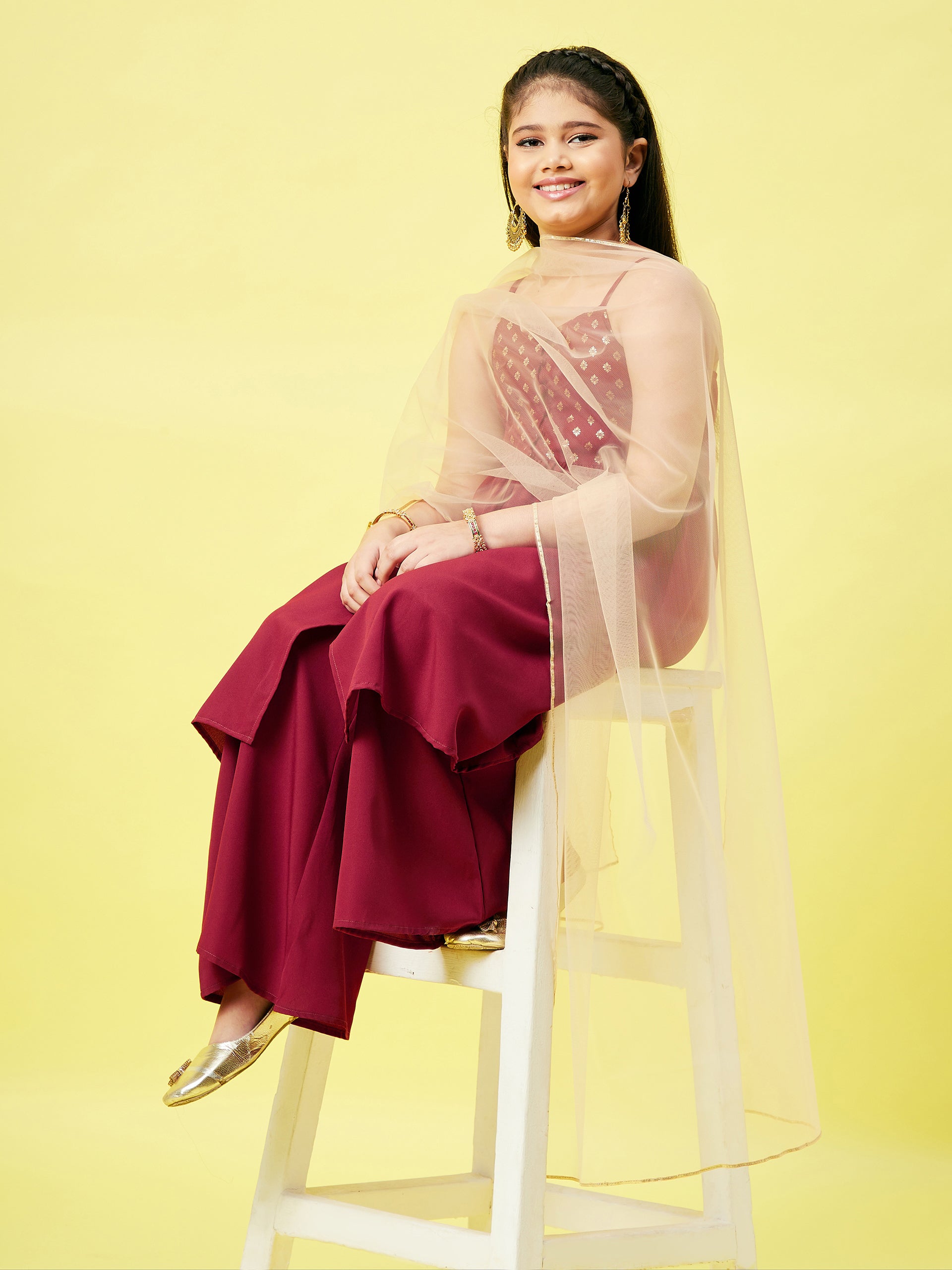 Girls Ankle Length Printed Kurti Set - Maroon