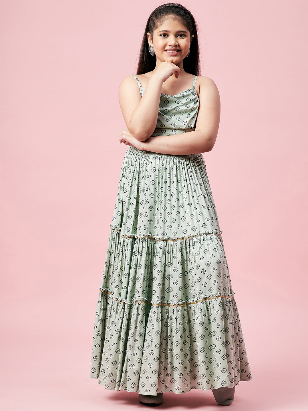 Girls Ankle Length Printed Lehenga Choli - Green