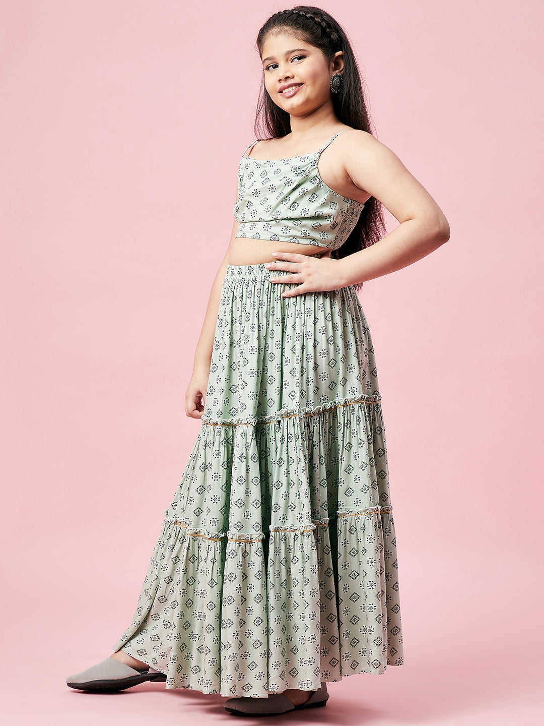 Girls Ankle Length Printed Lehenga Choli - Green