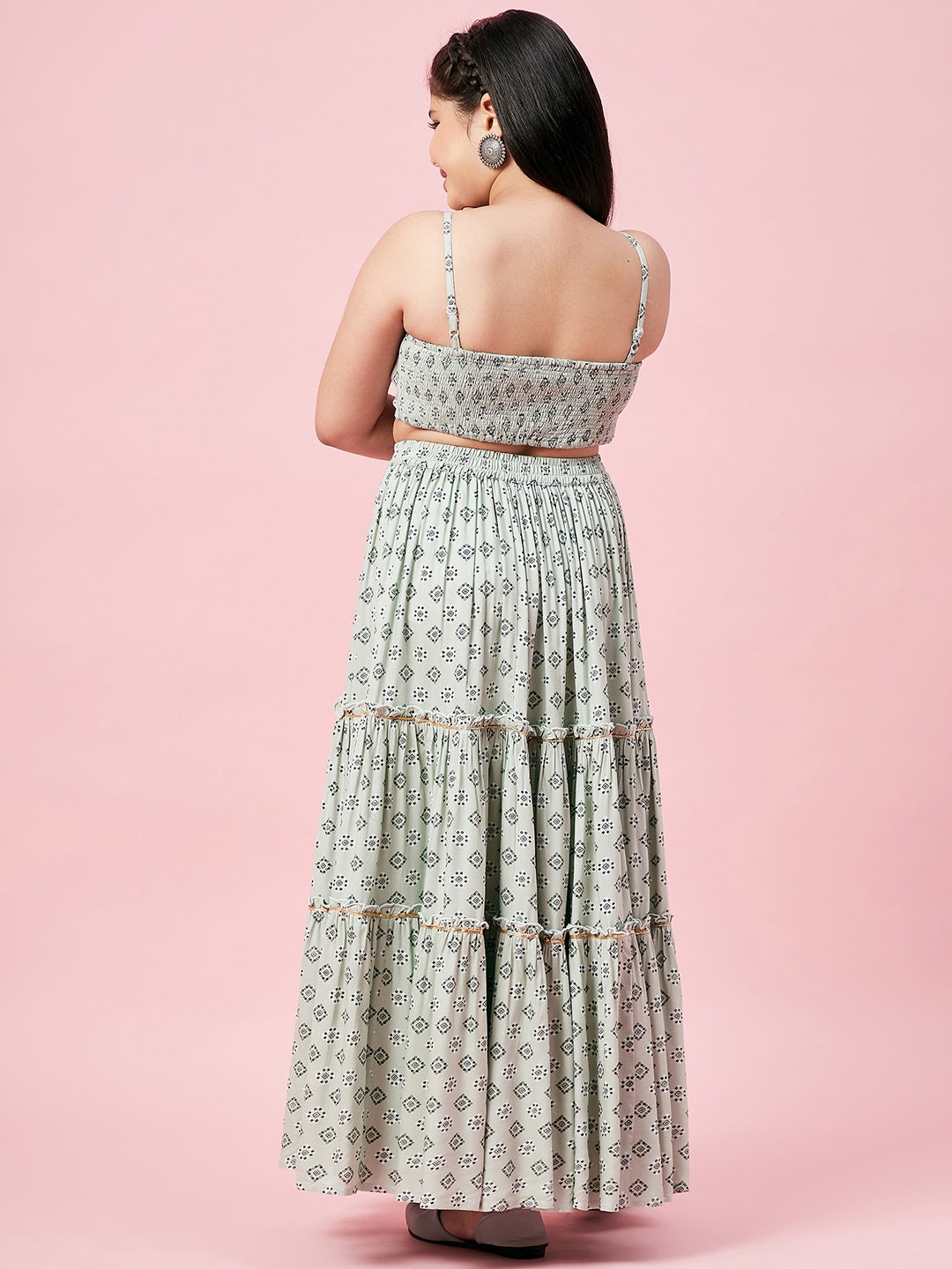 Girls Ankle Length Printed Lehenga Choli - Green