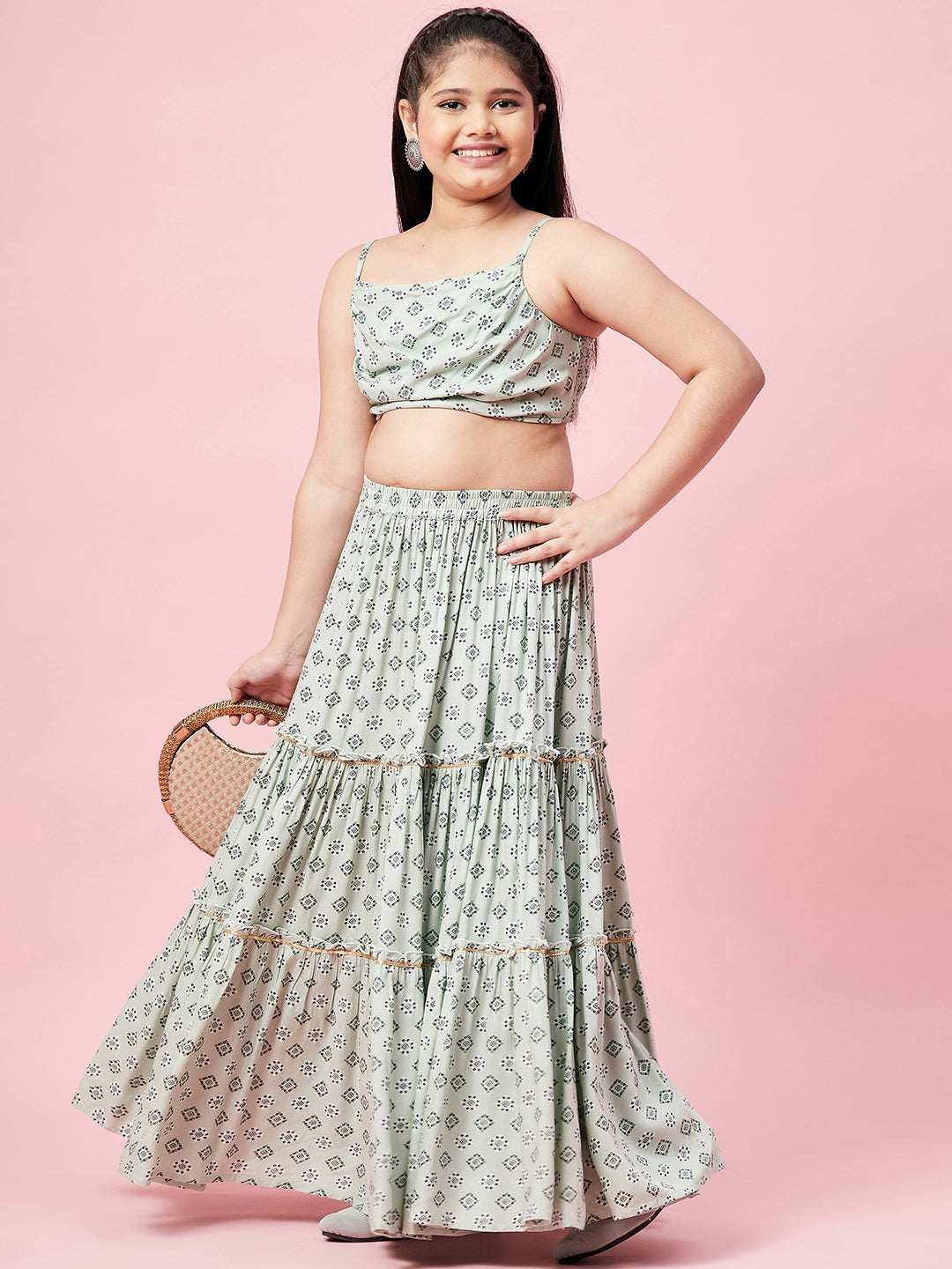 Girls Ankle Length Printed Lehenga Choli - Green
