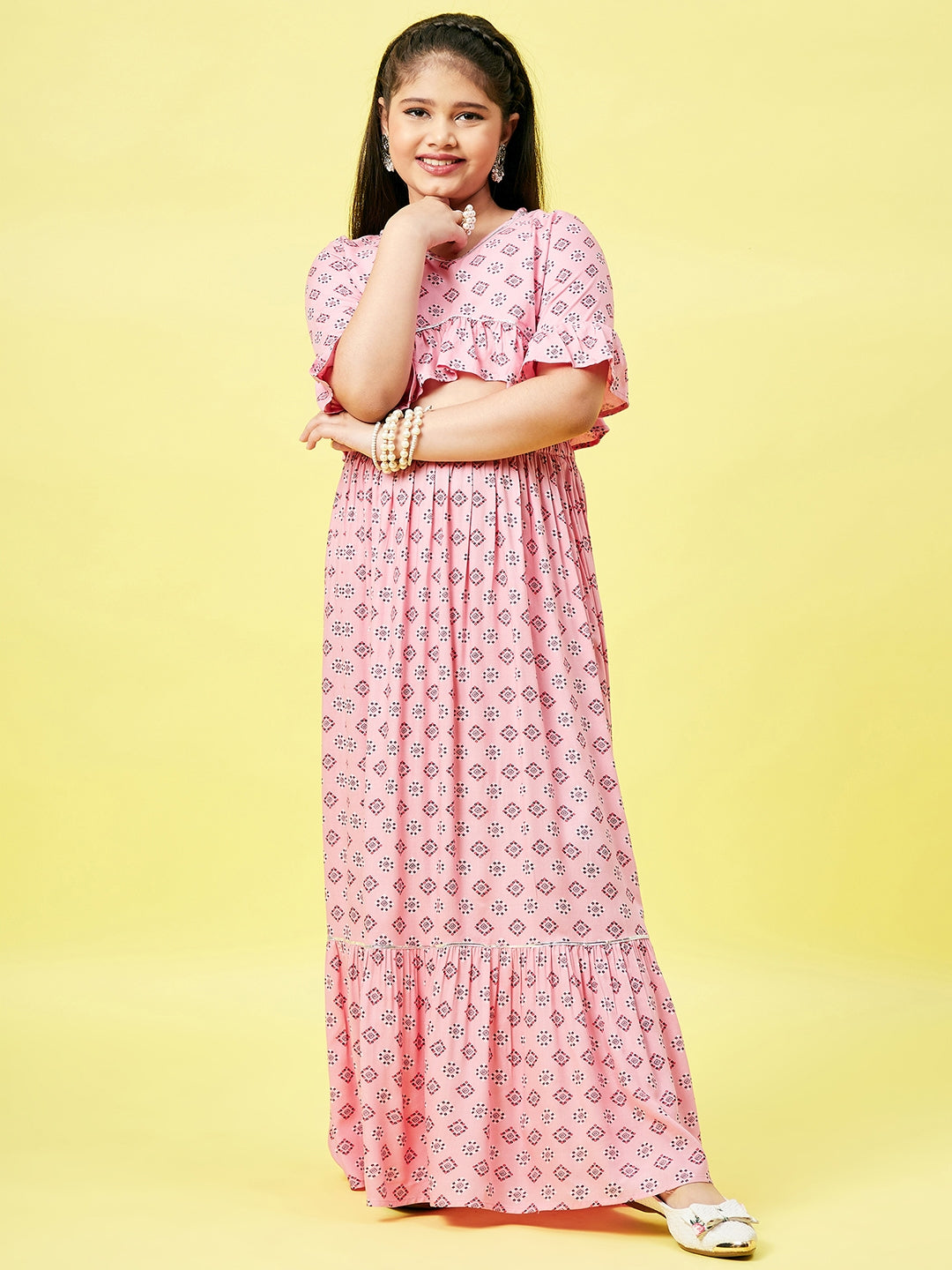 Girls Ankle Length Printed Lehenga Choli - Pink