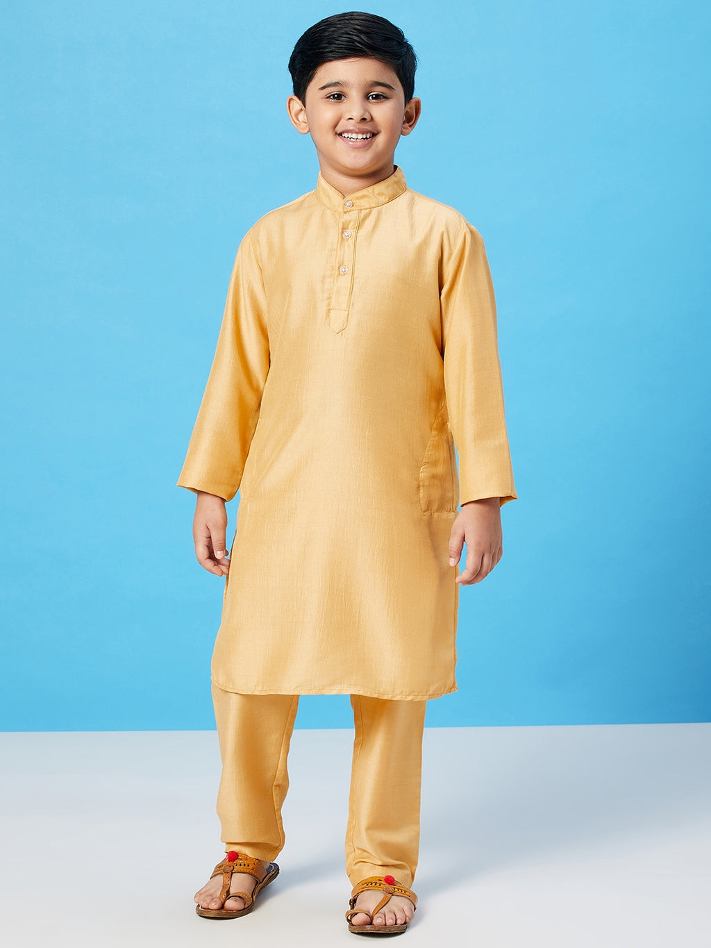 Boys Ankle Length Solid Kurta Set - Yellow