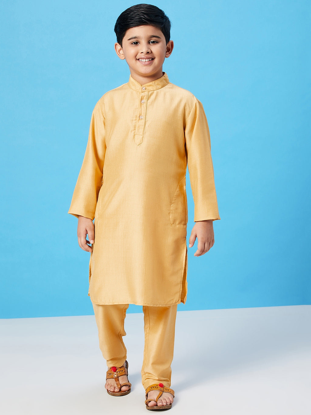 Boys Ankle Length Solid Kurta Set - Yellow