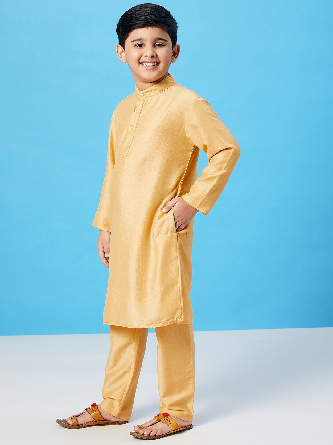 Boys Ankle Length Solid Kurta Set - Yellow