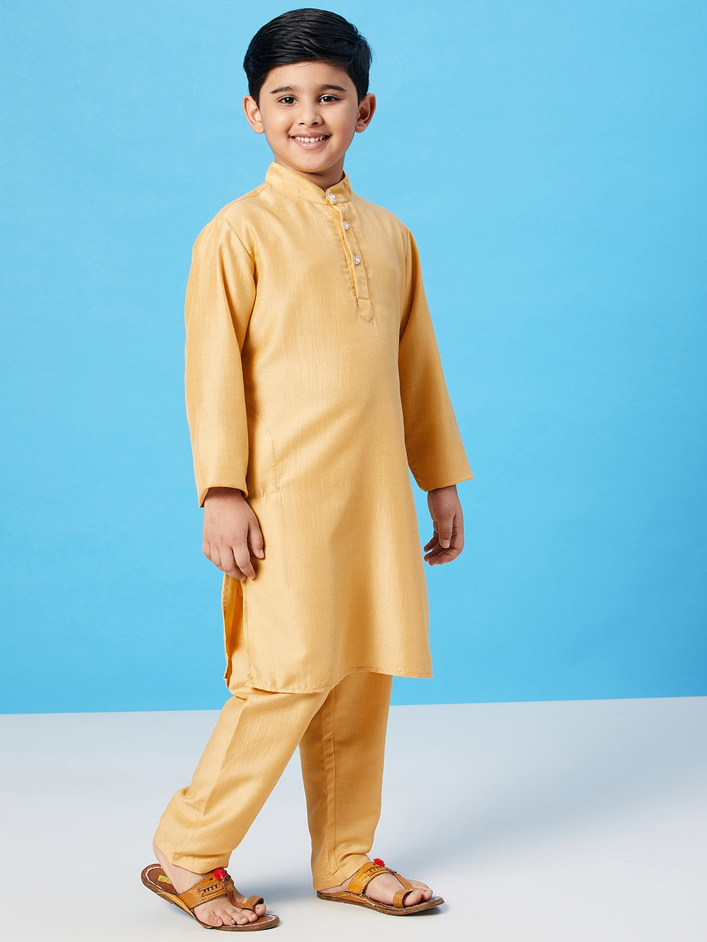 Boys Ankle Length Solid Kurta Set - Yellow
