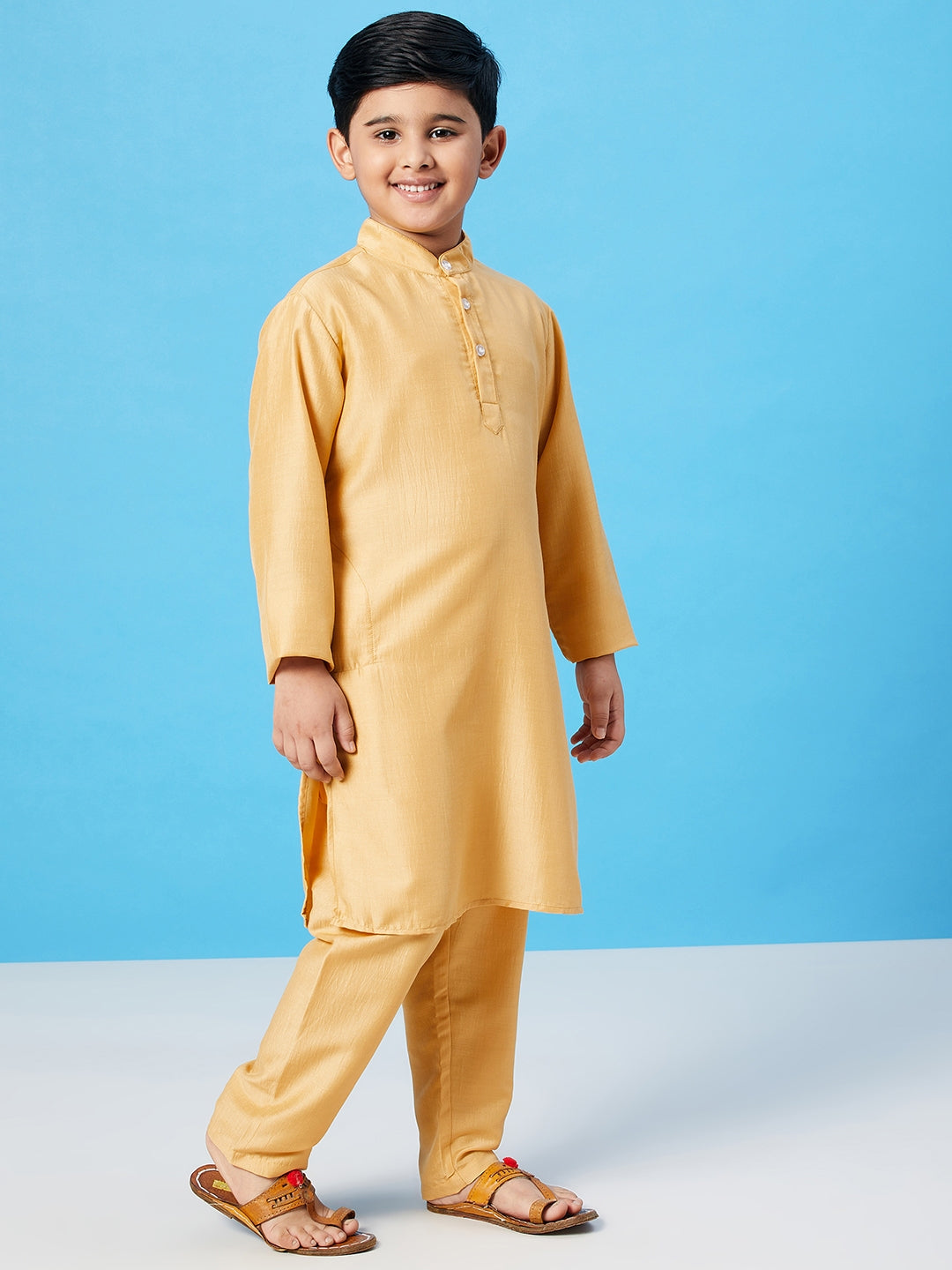 Boys Ankle Length Solid Kurta Set - Yellow