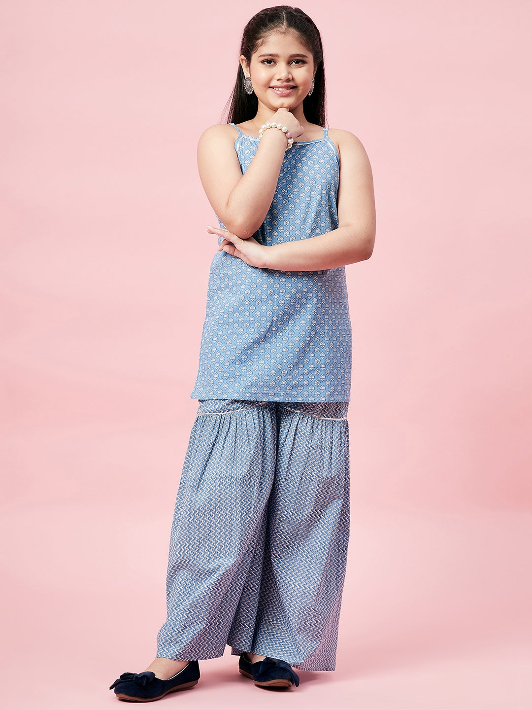 Girls Ankle Length Printed Kurti Set - Blue