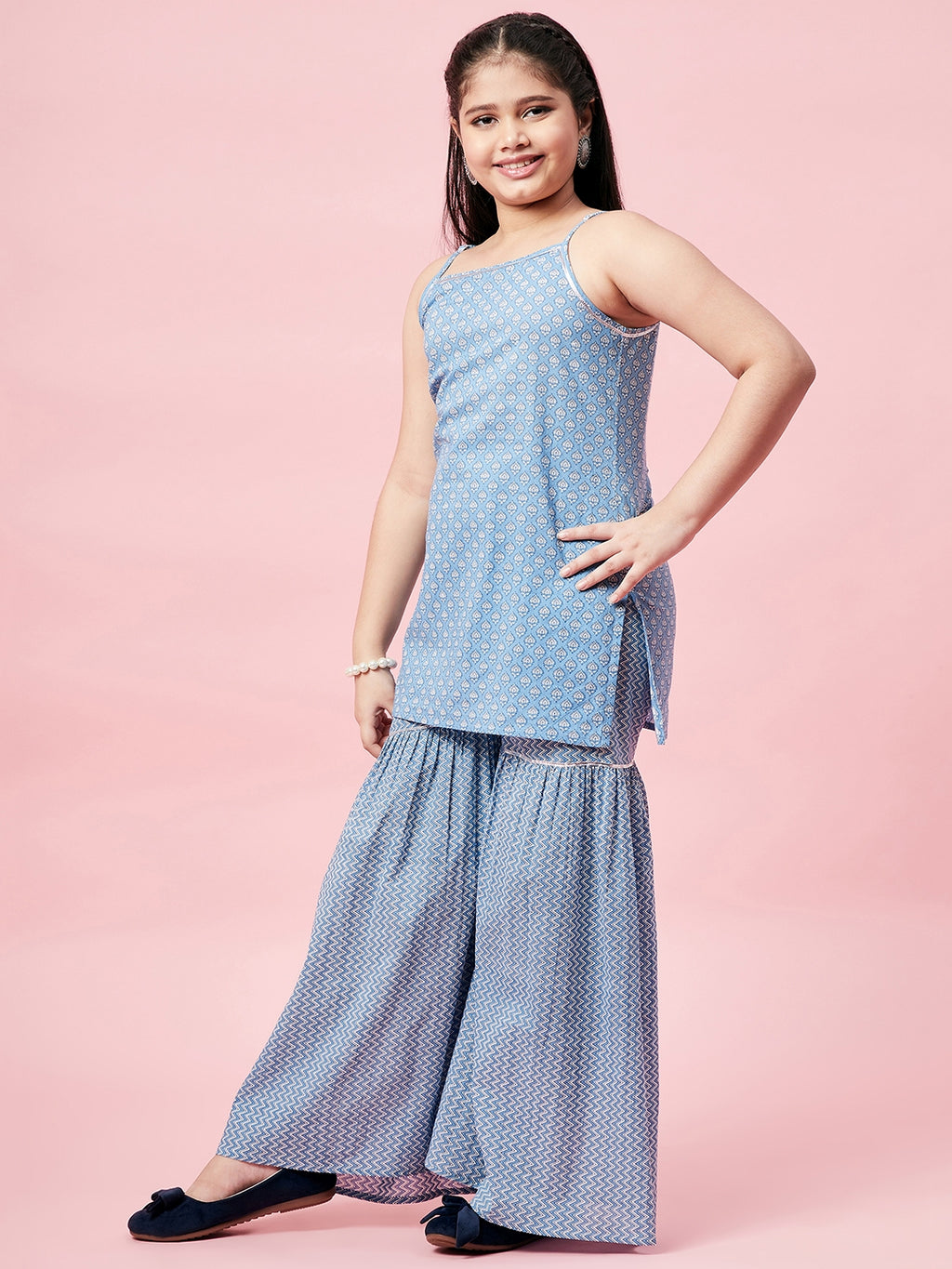 Girls Ankle Length Printed Kurti Set - Blue