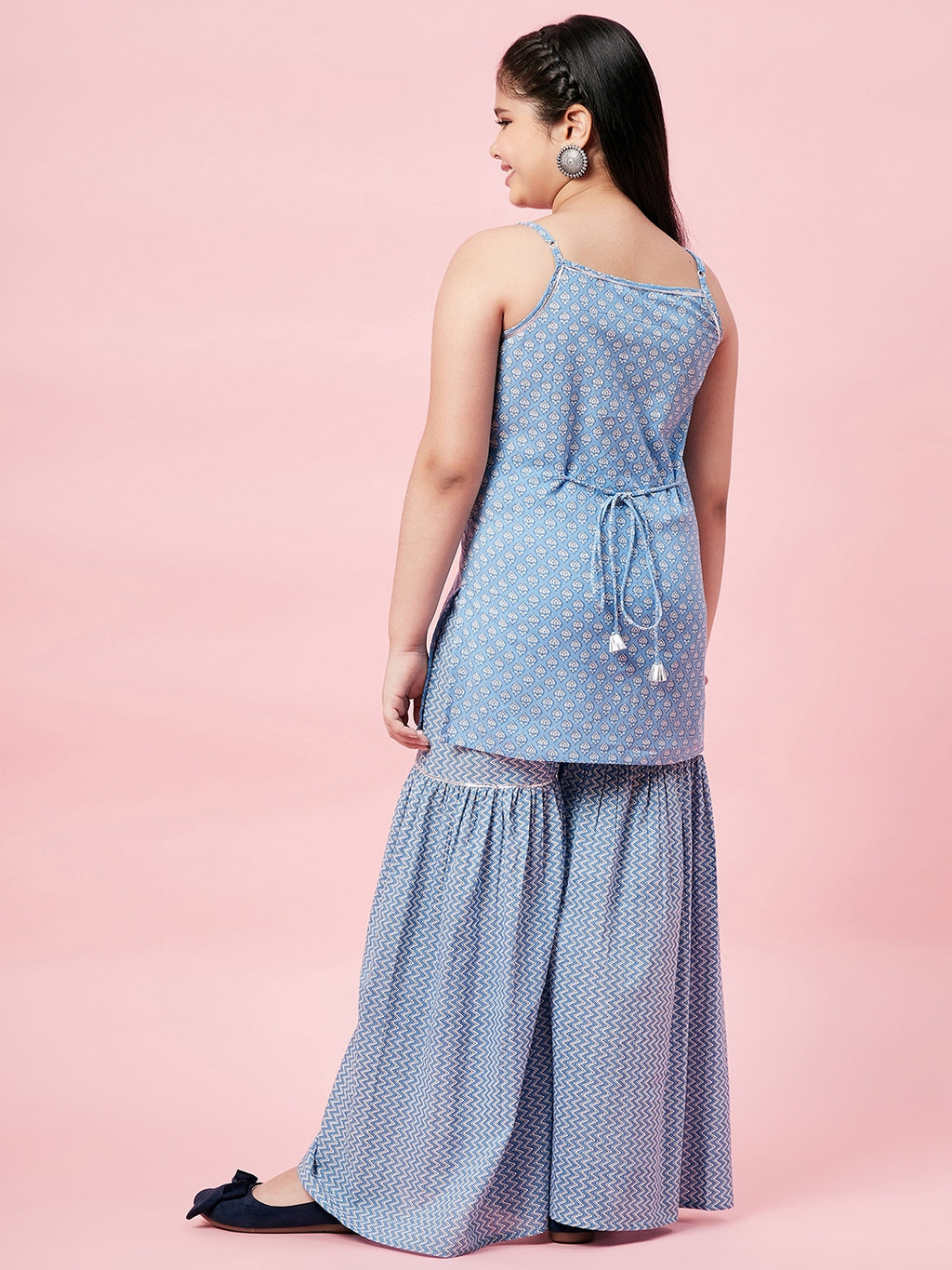 Girls Ankle Length Printed Kurti Set - Blue