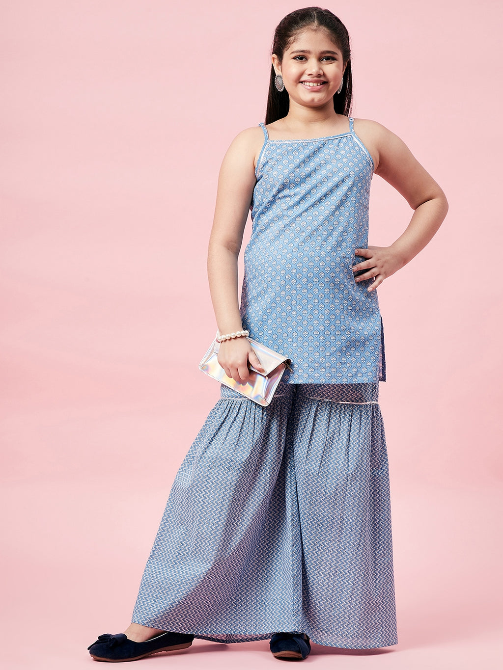 Girls Ankle Length Printed Kurti Set - Blue