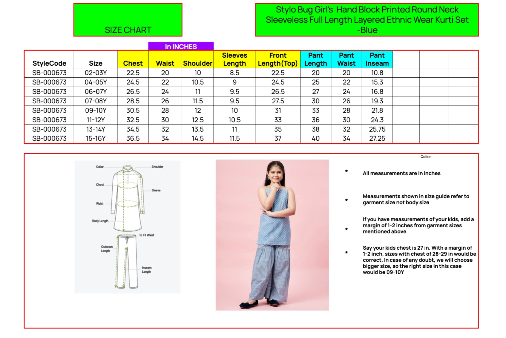 Girls Ankle Length Printed Kurti Set - Blue