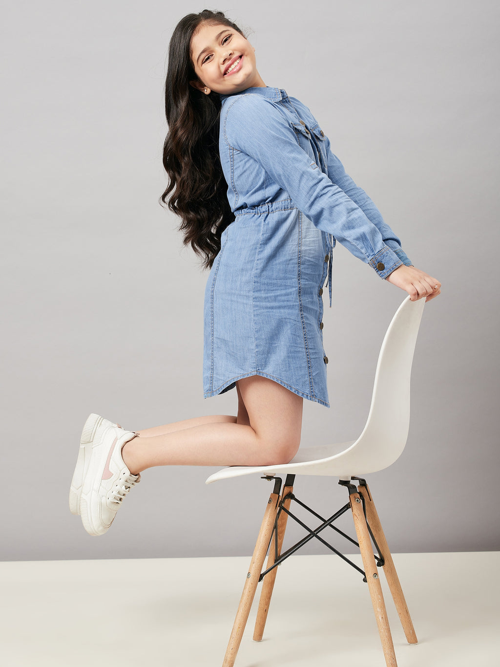 Girls Above Knee Solid Dress - Indigo