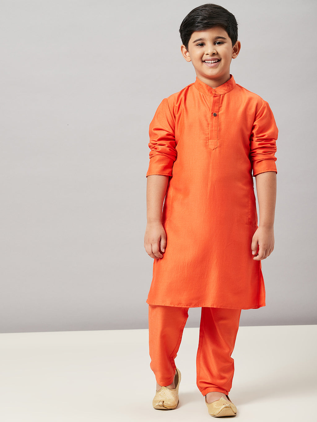 Boys Knee Length Solid Kurta Set - Orange