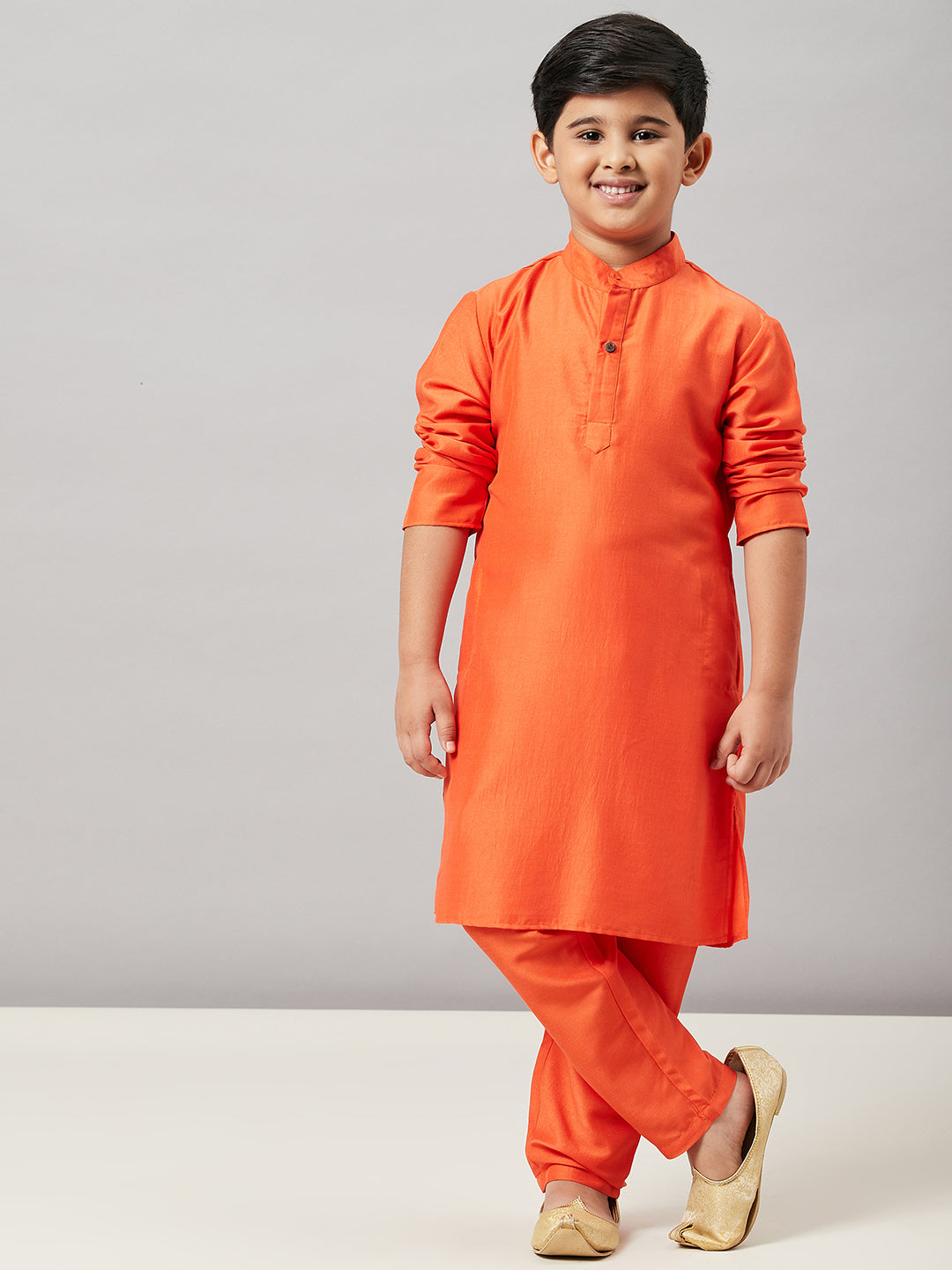 Boys Knee Length Solid Kurta Set - Orange