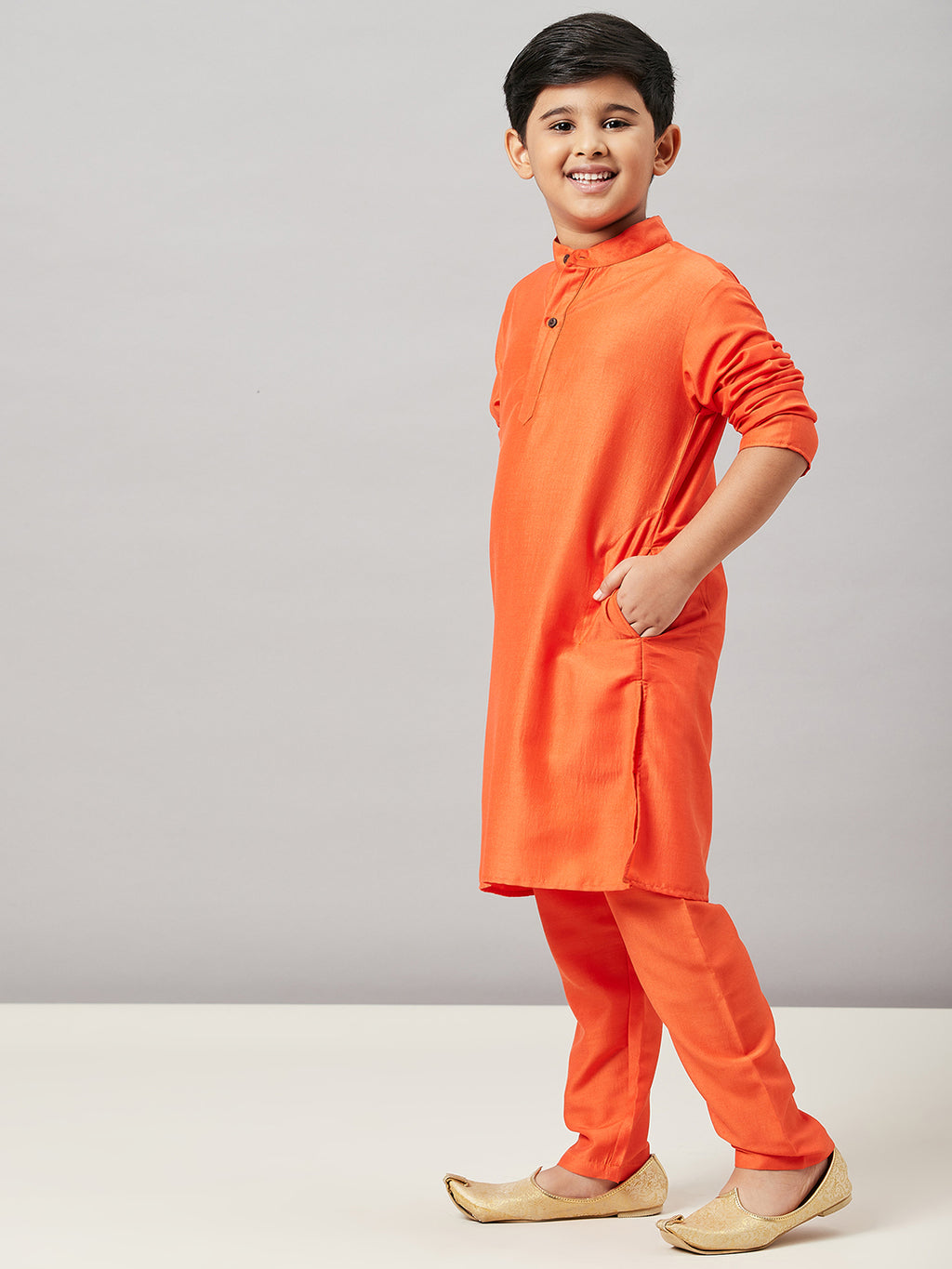 Boys Knee Length Solid Kurta Set - Orange