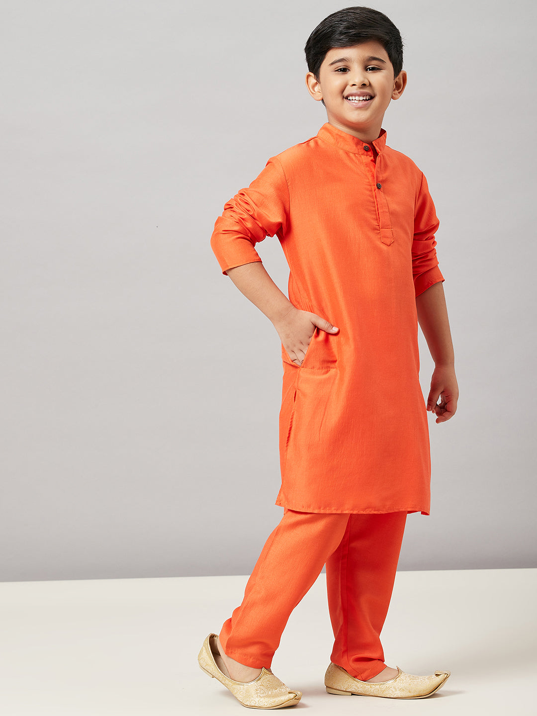 Boys Knee Length Solid Kurta Set - Orange