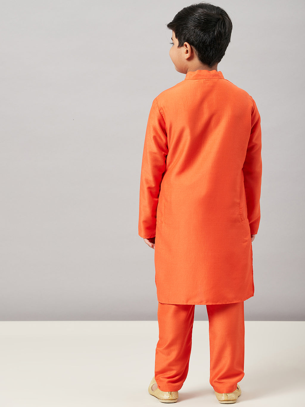 Boys Knee Length Solid Kurta Set - Orange