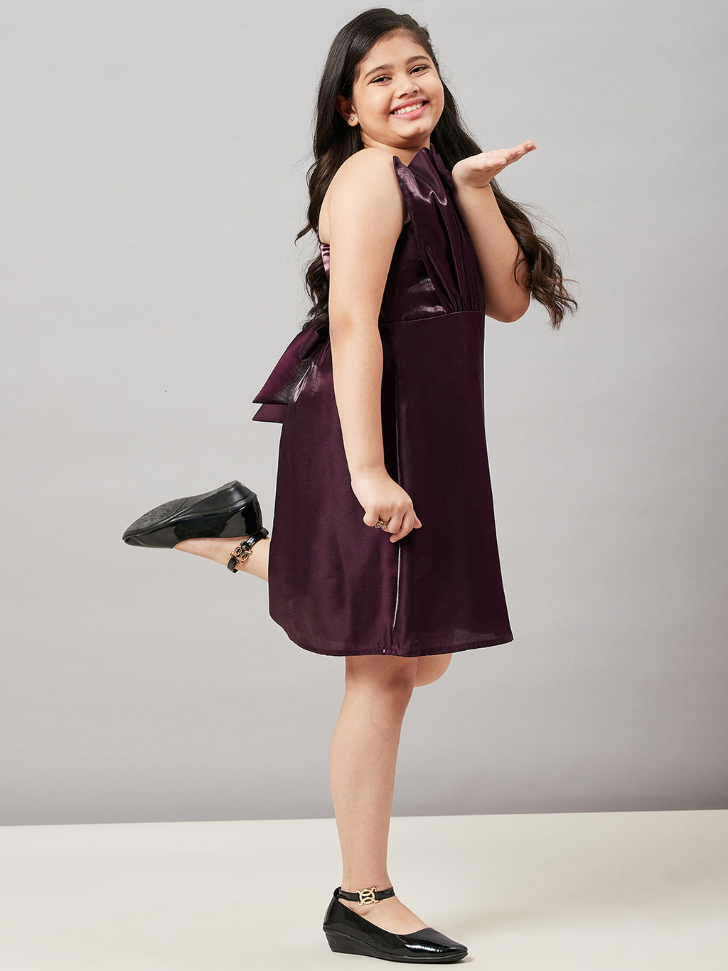 Girls Above Knee Solid Dress - Brown