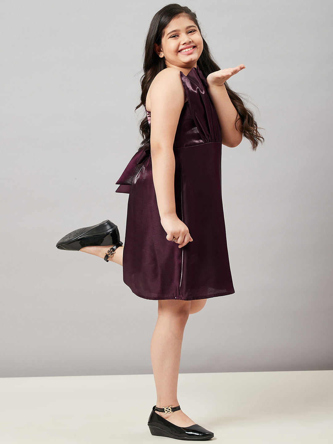 Girls Above Knee Solid Dress - Brown