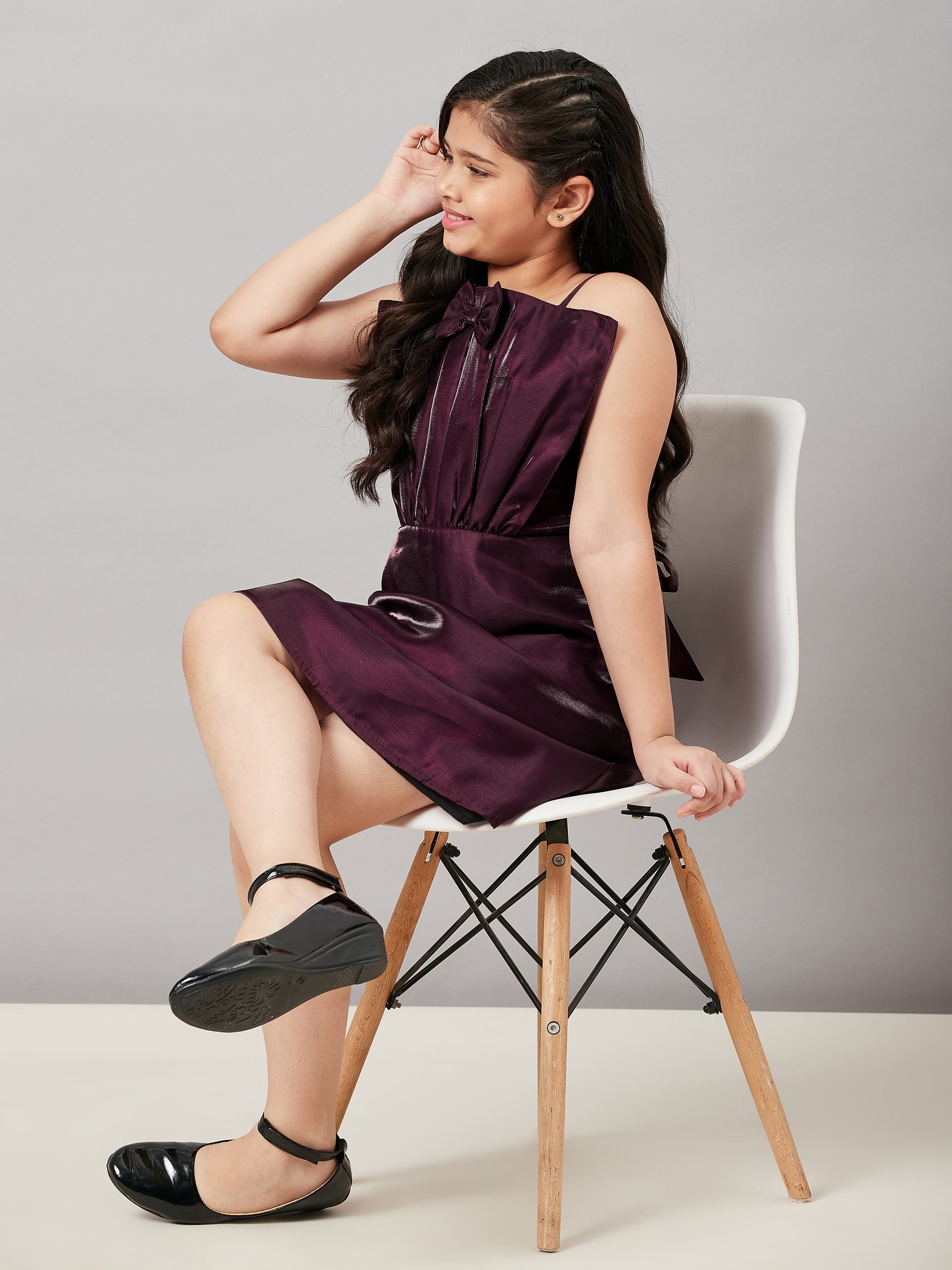 Girls Above Knee Solid Dress - Brown