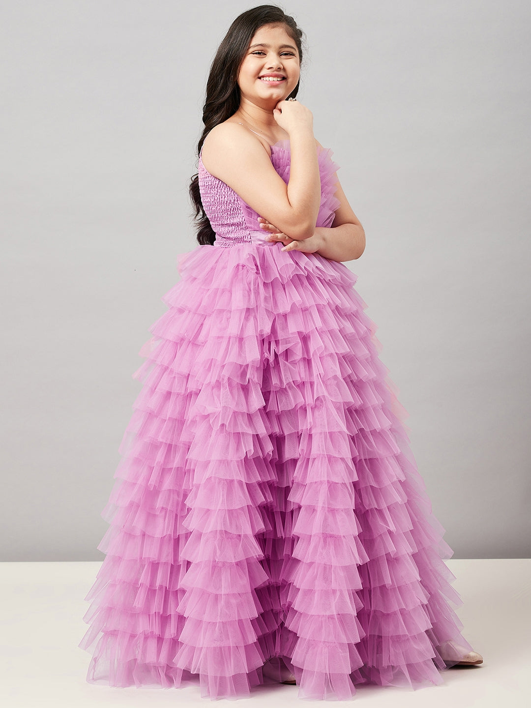 Girls Ankle Length Solid Dress - Pink