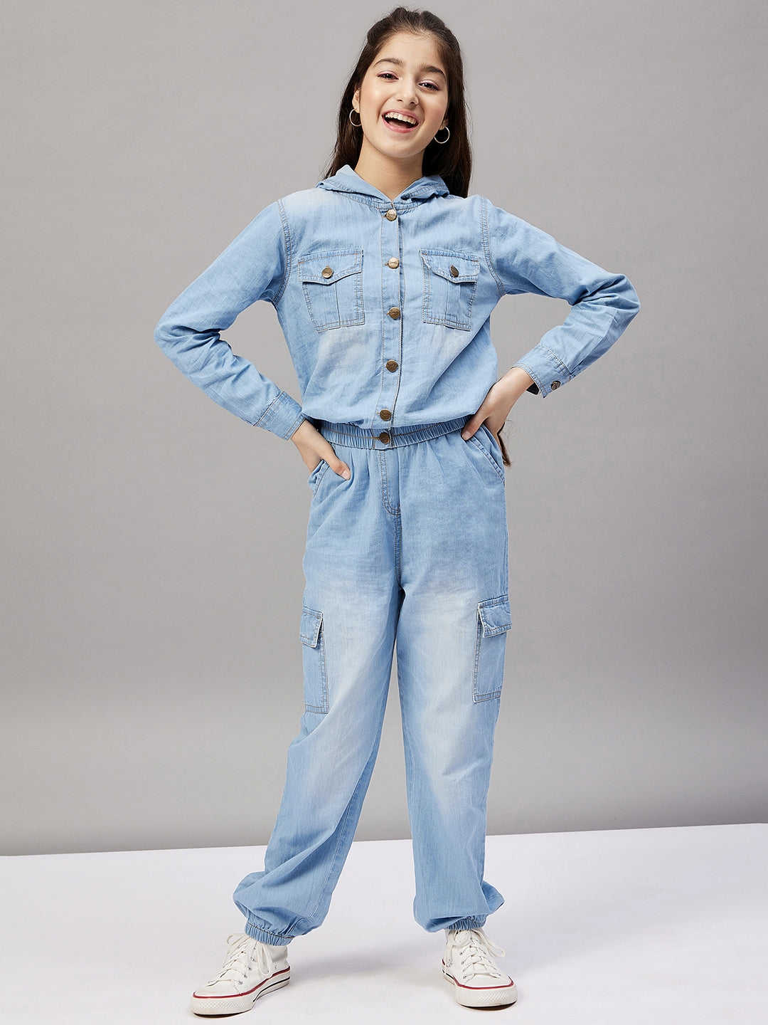 Girls Ankle Length Solid Top With Pants - Blue