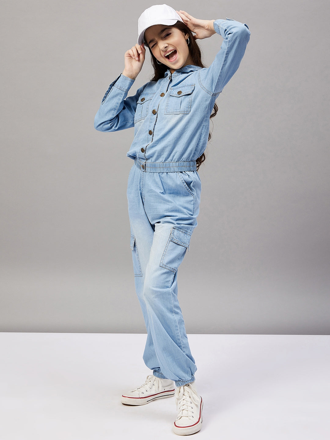Girls Ankle Length Solid Top With Pants - Blue