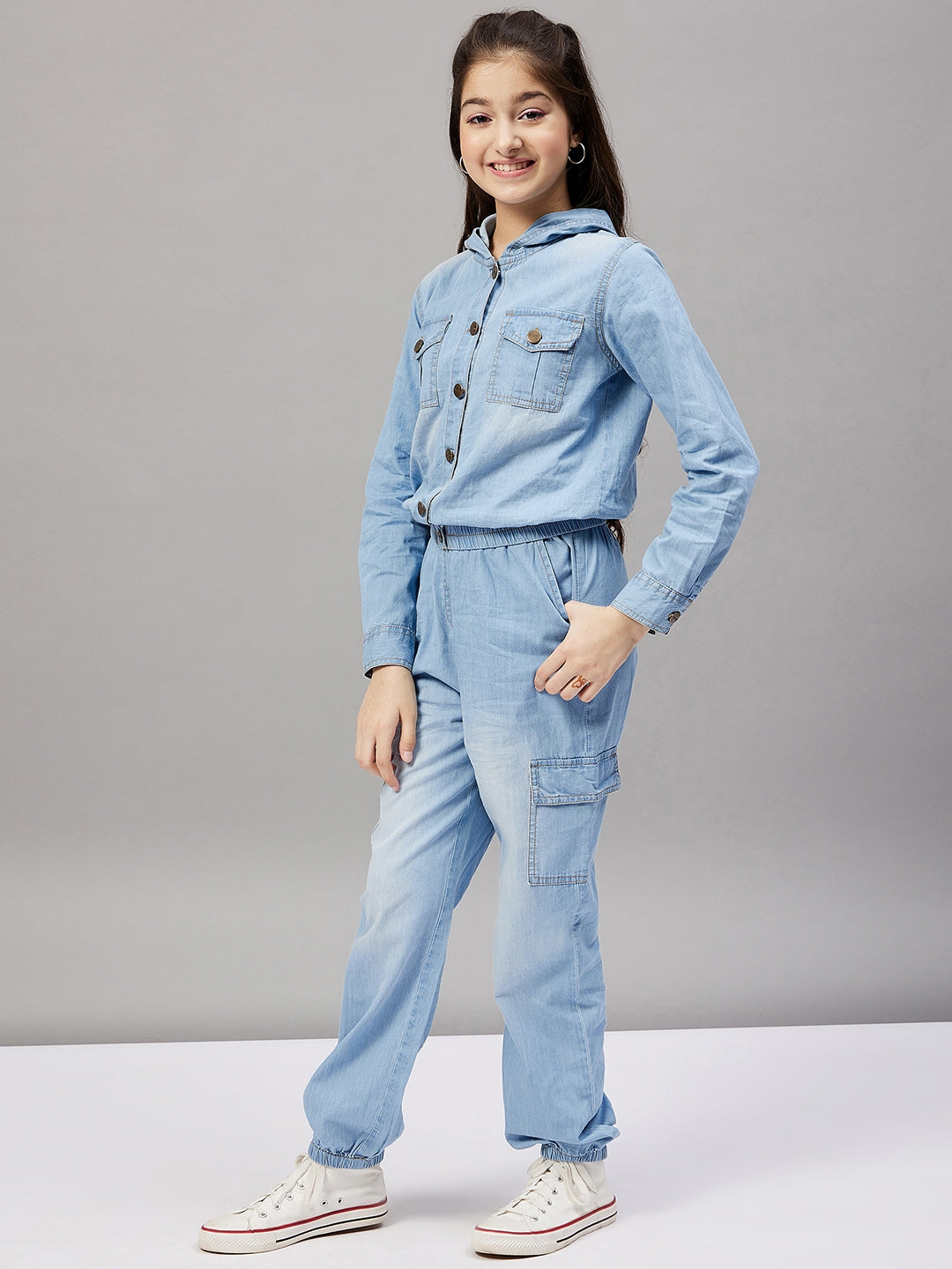 Girls Ankle Length Solid Top With Pants - Blue