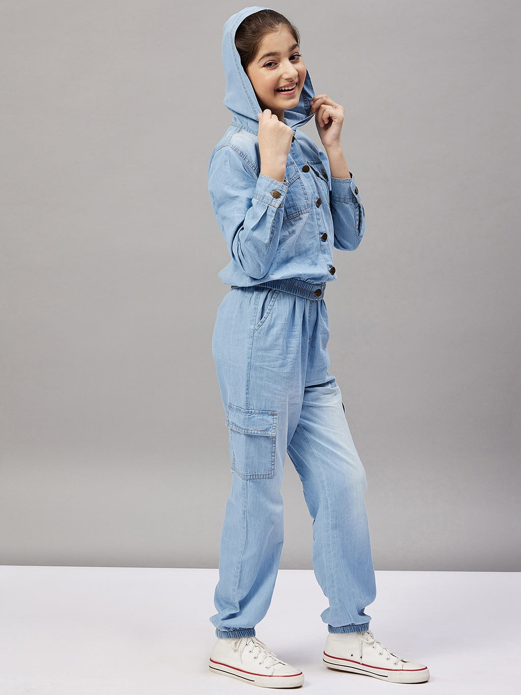 Girls Ankle Length Solid Top With Pants - Blue