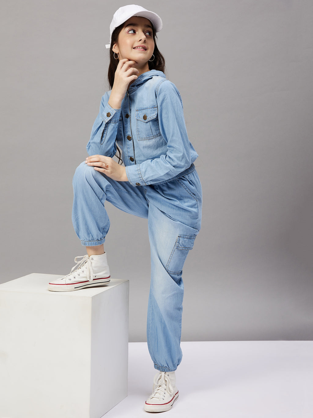 Girls Ankle Length Solid Top With Pants - Blue