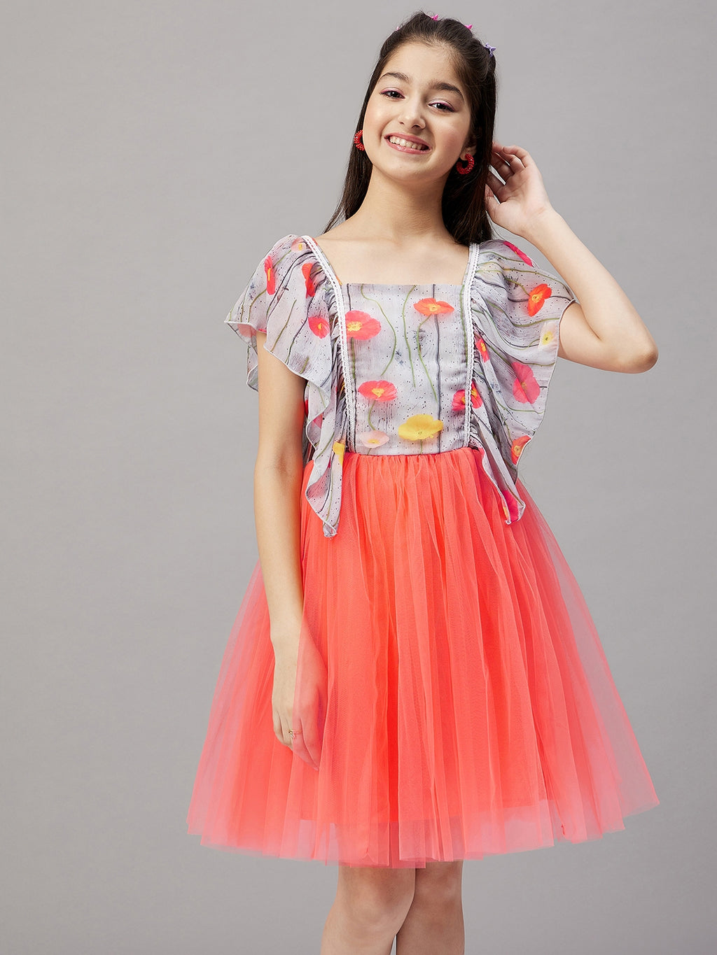 Girls Knee Length Printed Dress - Orange