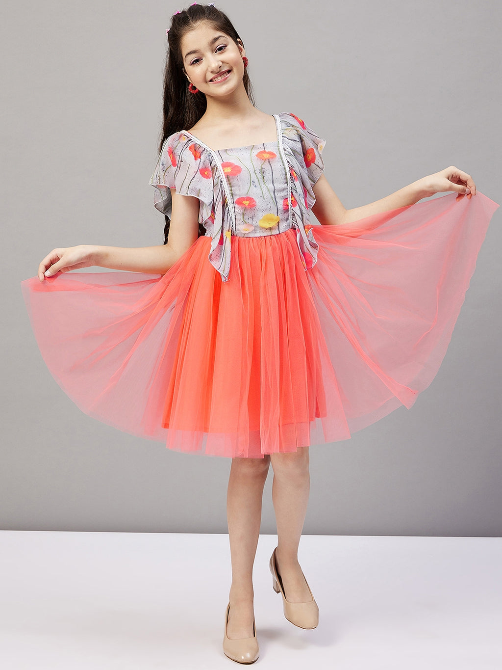 Girls Knee Length Printed Dress - Orange
