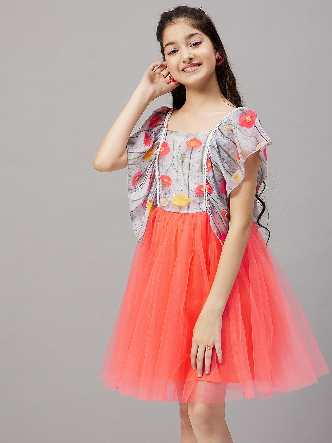 Girls Knee Length Printed Dress - Orange