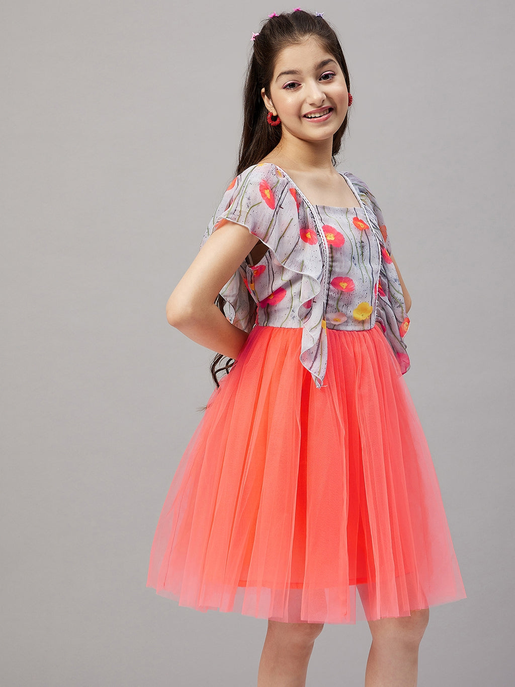 Girls Knee Length Printed Dress - Orange