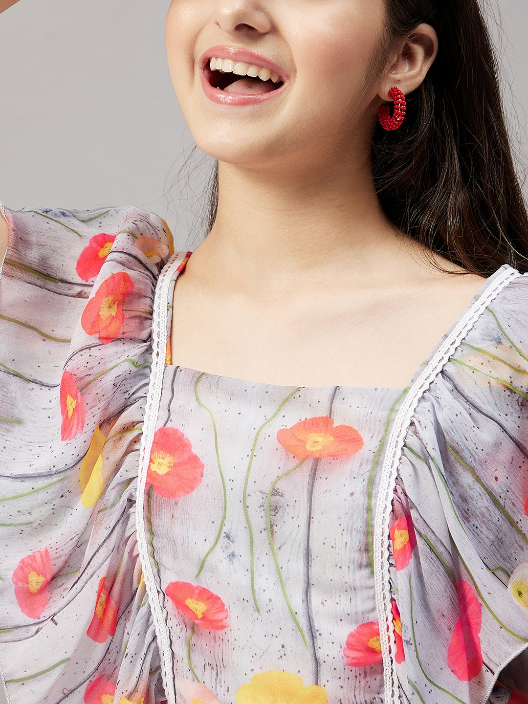 Girls Knee Length Printed Dress - Orange