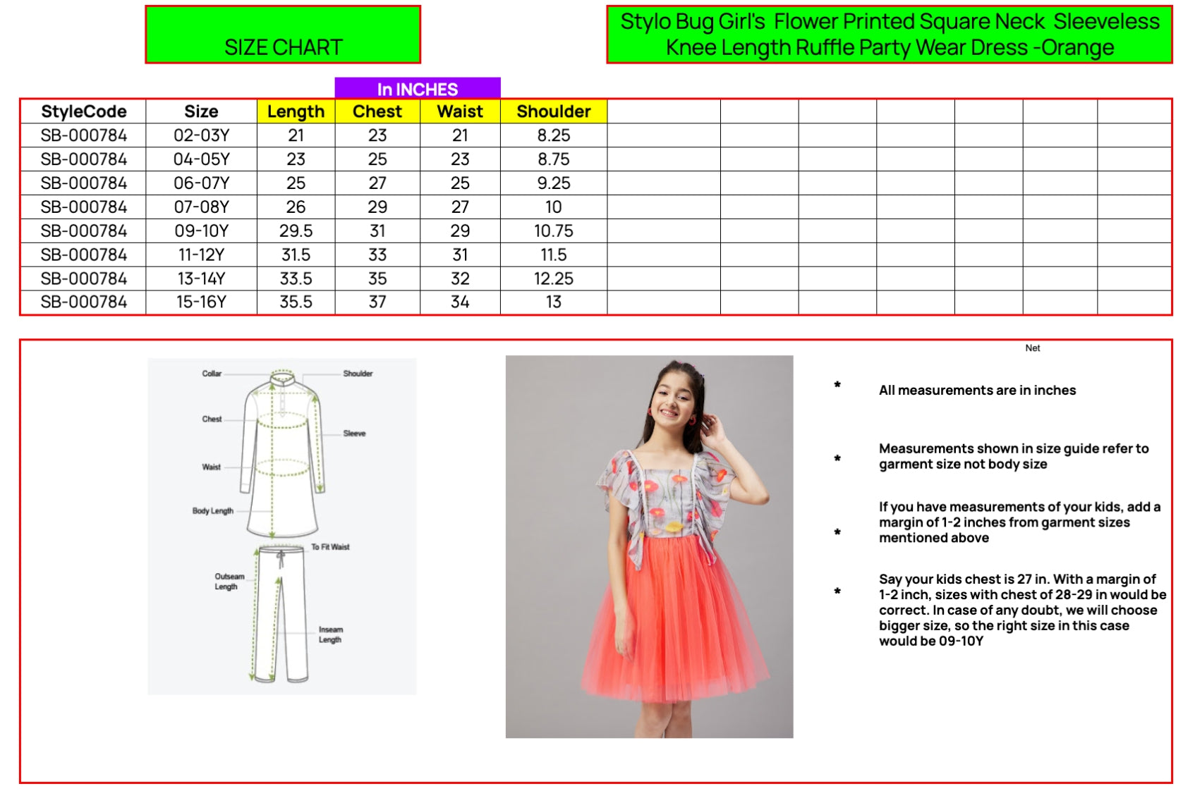 Girls Knee Length Printed Dress - Orange