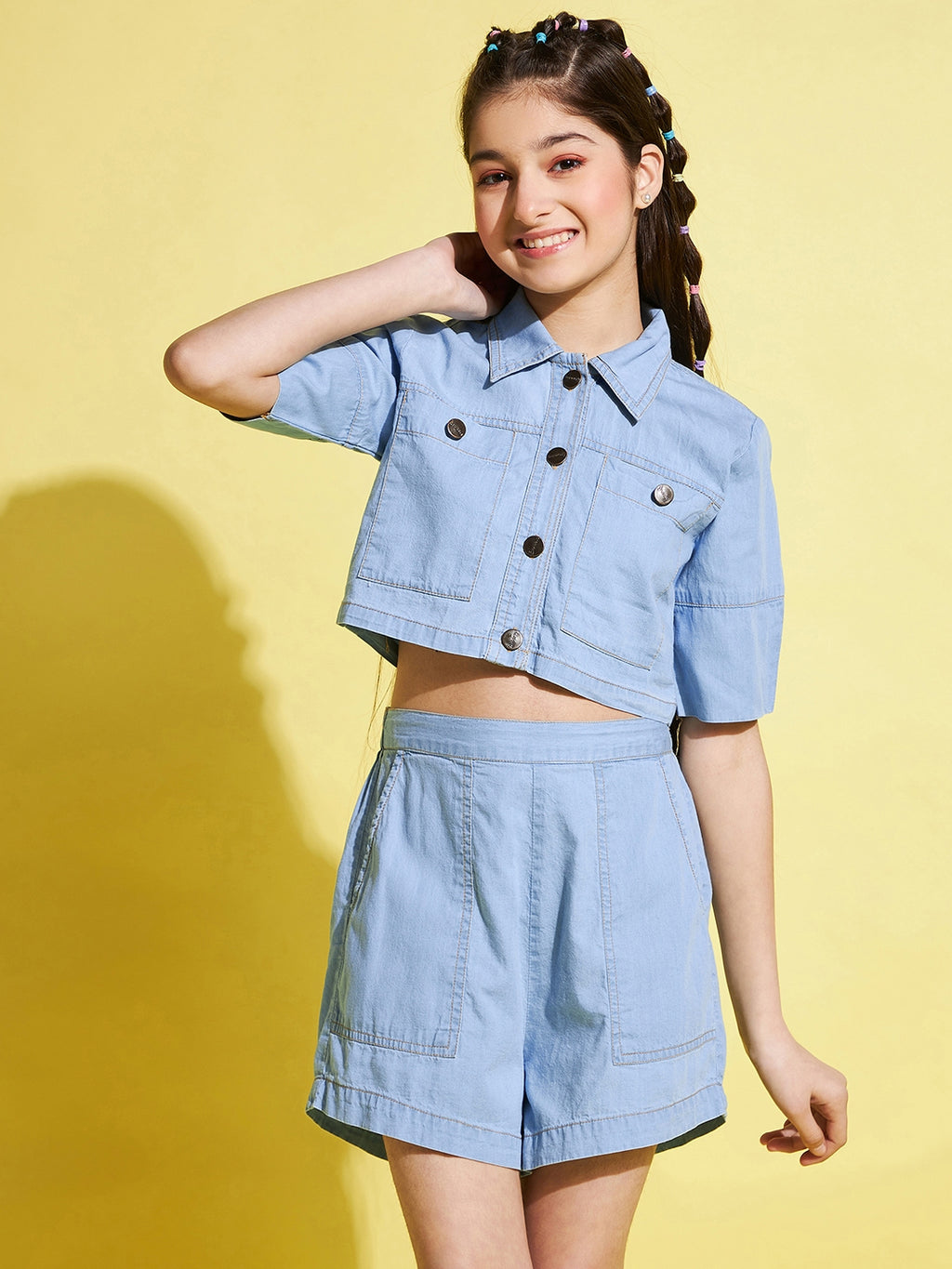 Girls Mid Thigh Solid Top with Shorts - Blue