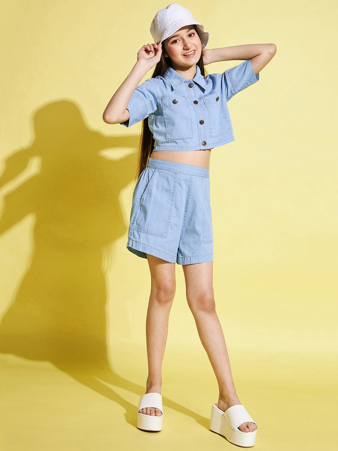 Girls Mid Thigh Solid Top with Shorts - Blue